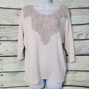 Studio Y Women's Small Cream Knit Top Lace Embroidered Front & Tie Back 3/4 Slee